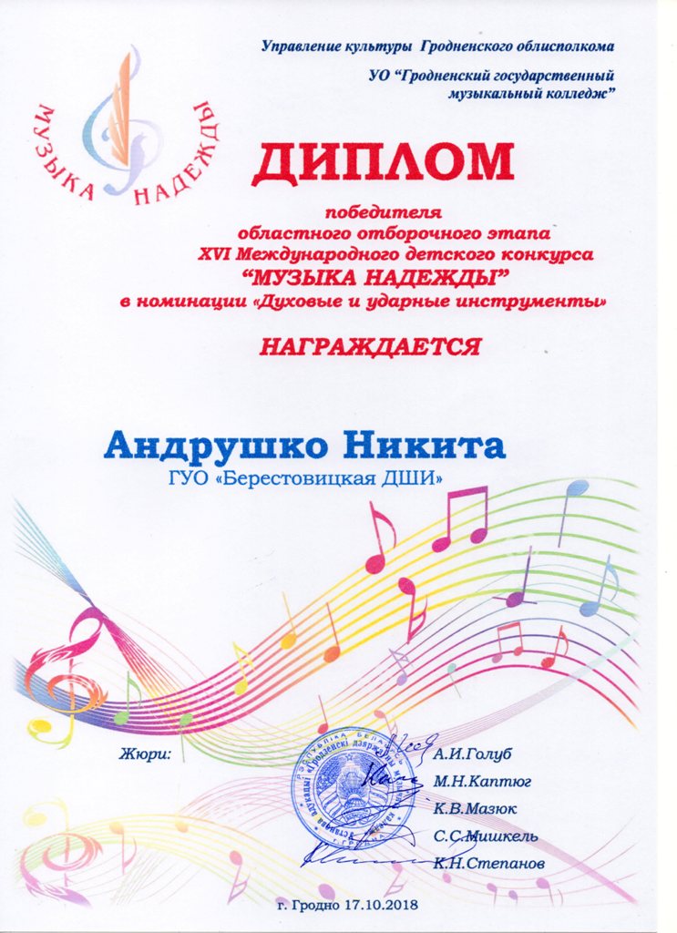 Диплом победителя отборочного этапа Музыка надежды Андрушко Никиты007